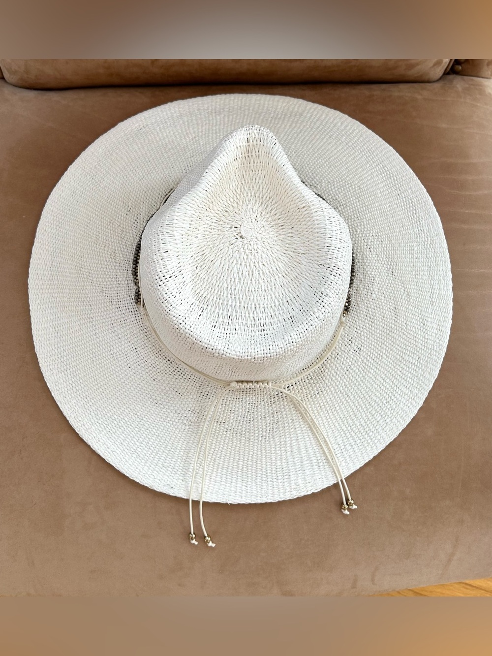 Free People Monte Carlo Wide Brim Beaded Hatband Ivory White Hat OS - Picture 5 of 9